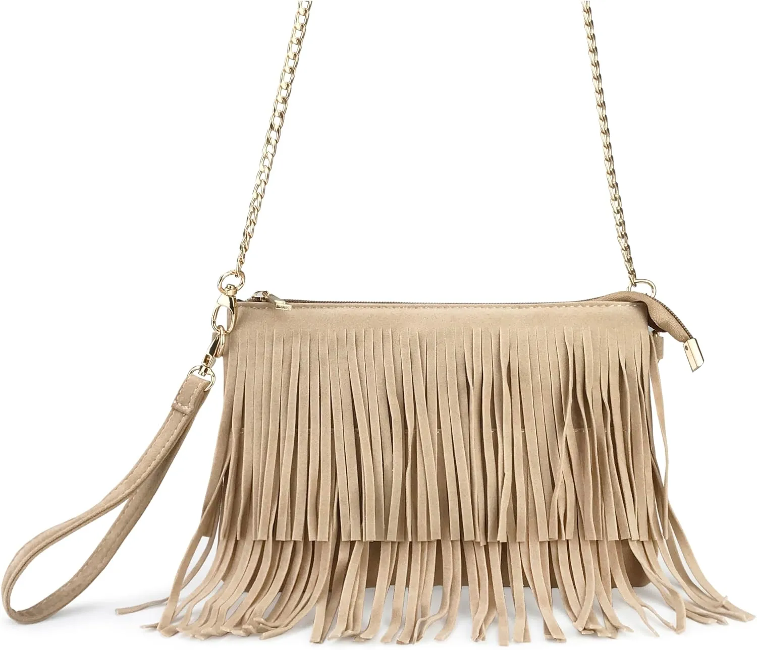 HOXIS Fringe Cross Body Bag Womens Small Shoulder Bag Top Zip Wristlet