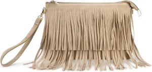 HOXIS Fringe Cross Body Bag Womens Small Shoulder Bag Top Zip Wristlet