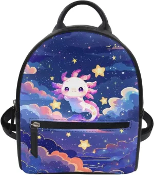 HUGS IDEA Cute Cartoon Axolotl Print Womens Mini Backpack Purse Teens Girls School Travel Shoulder Purse Bagpack Bags