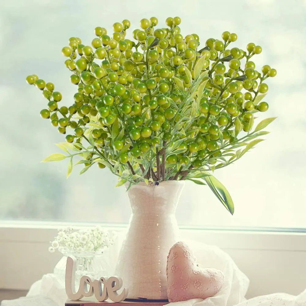 HUIANER Artificial Berries, 6 Pcs Simulation Flowers Lifelike Greenberry with Stems Fake Fruit Greenberries for Christmas Wedding DIY Bridal Bouquet Home Kitchen Party Decoration