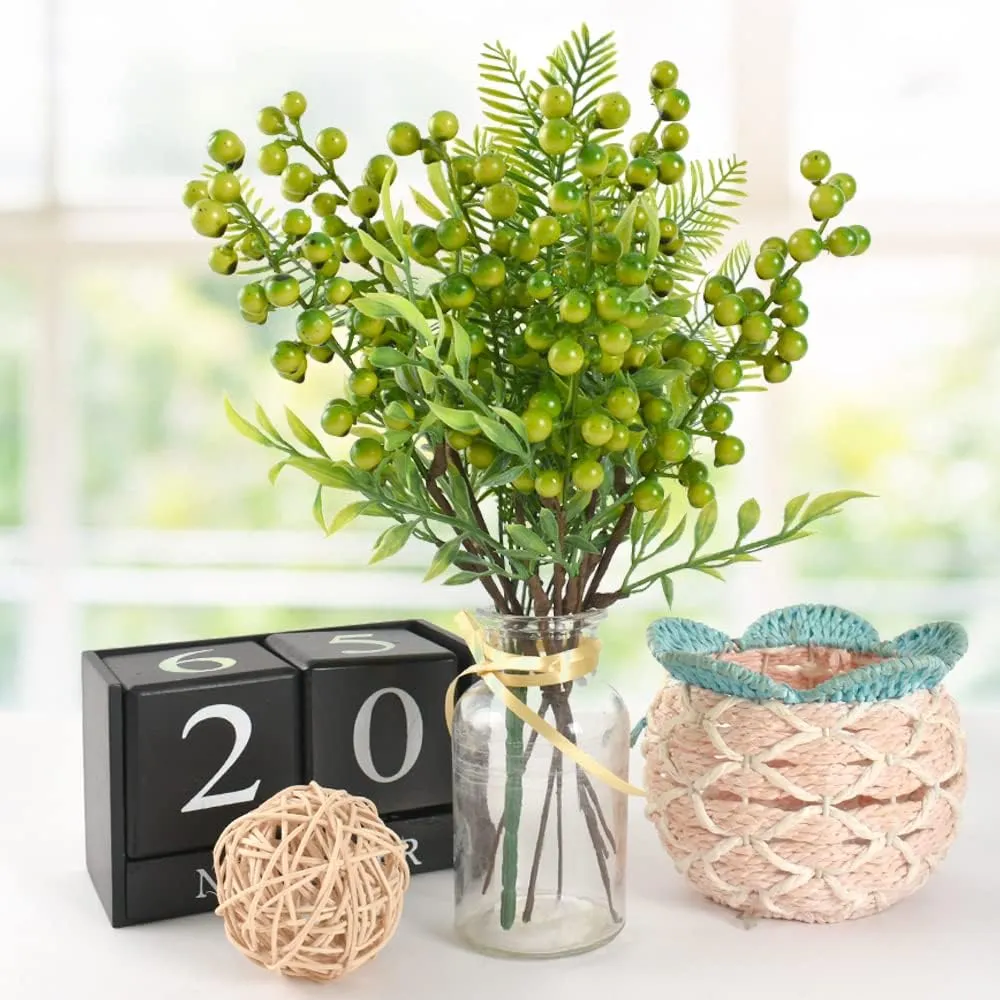 HUIANER Artificial Berries, 6 Pcs Simulation Flowers Lifelike Greenberry with Stems Fake Fruit Greenberries for Christmas Wedding DIY Bridal Bouquet Home Kitchen Party Decoration
