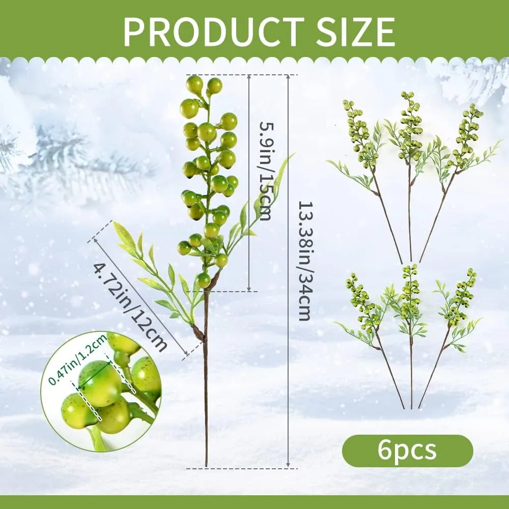 HUIANER Artificial Berries, 6 Pcs Simulation Flowers Lifelike Greenberry with Stems Fake Fruit Greenberries for Christmas Wedding DIY Bridal Bouquet Home Kitchen Party Decoration