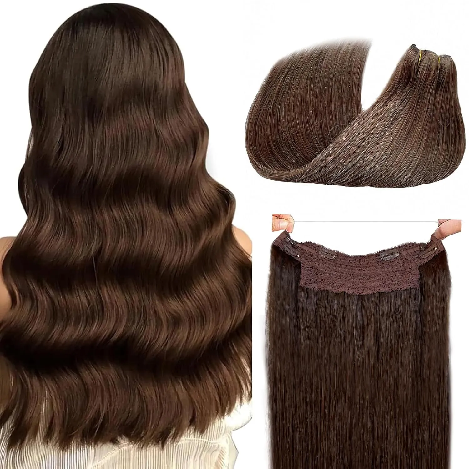 Human Hair Extensions Brown Halos Hair Extensions Human Hair for Full Head Chocolate Brown Clip ins Hidden Wire Hair Extensions Real Human Hair Extensions 80G 18Inch