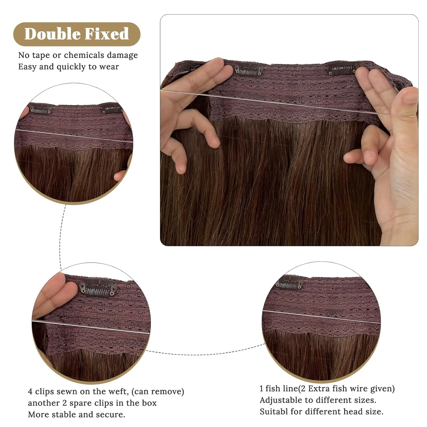 Human Hair Extensions Brown Halos Hair Extensions Human Hair for Full Head Chocolate Brown Clip ins Hidden Wire Hair Extensions Real Human Hair Extensions 80G 18Inch