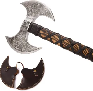 I Camping Axe Tomahawk Viking Bearded Axe Christmas gifts-27 Long Odin's Double Edge Head Viking Axe Twin Blade Axe with Ash Wood Handle with Genuine Leather Sheath (OD-007)
