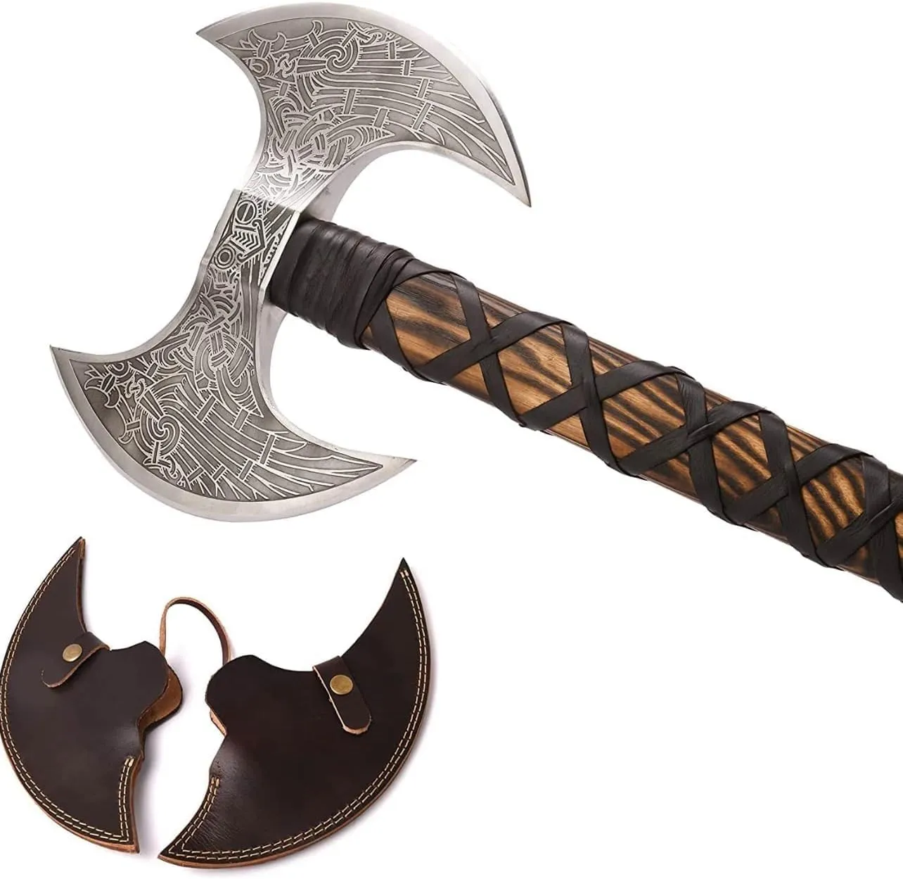 I Camping Axe Tomahawk Viking Bearded Axe Christmas gifts-27 Long Odin's Double Edge Head Viking Axe Twin Blade Axe with Ash Wood Handle with Genuine Leather Sheath (OD-007)