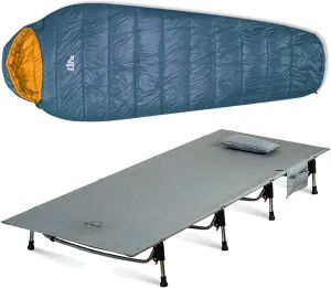 iClimb 1 3M Thinsulate Insulation Sleeping Bag and 1 Super Easy Assemble Cot Bundle, Ultralight Compact for Adults Outdoor Backpacking Camping