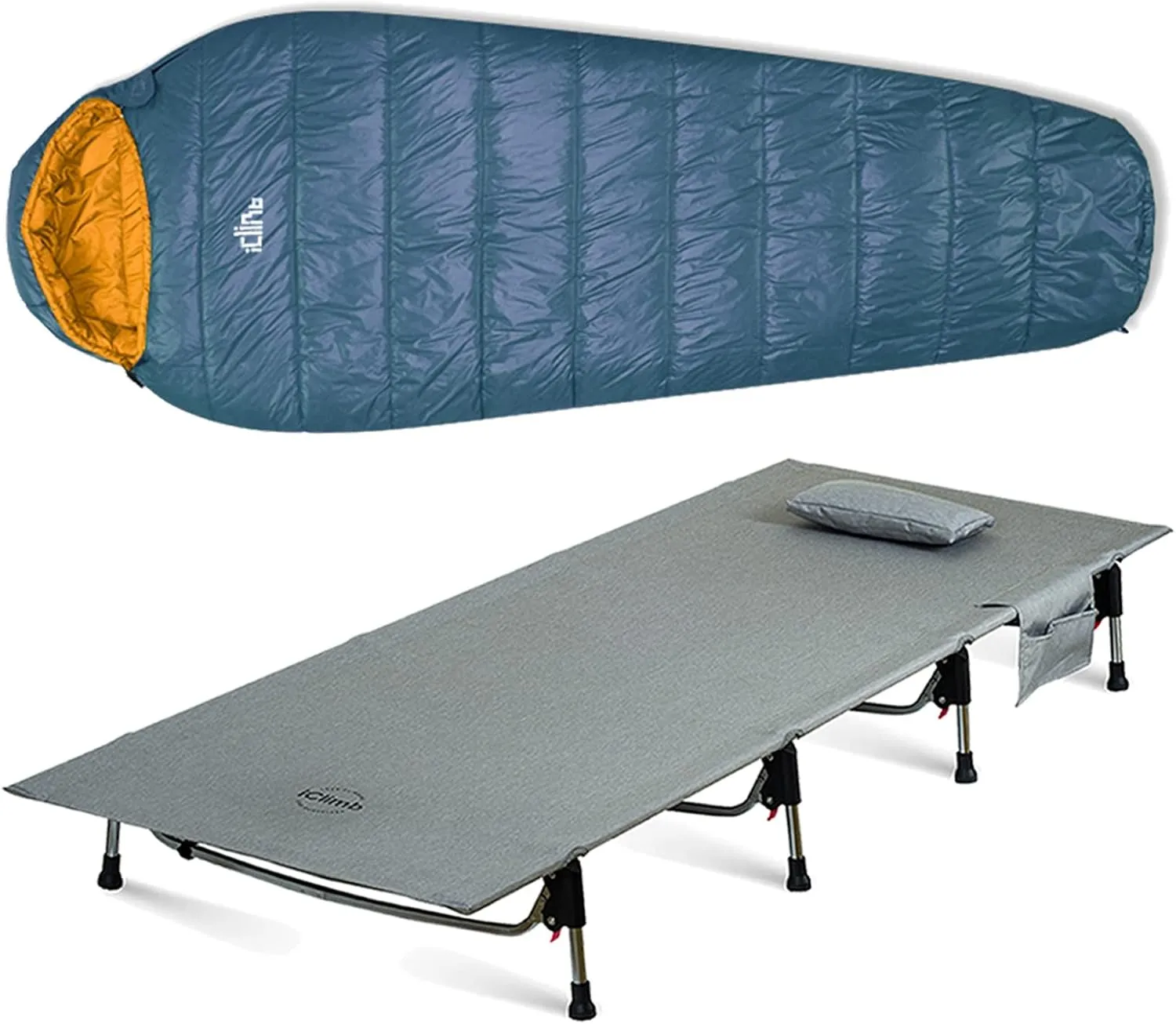 iClimb 1 3M Thinsulate Insulation Sleeping Bag and 1 Super Easy Assemble Cot Bundle, Ultralight Compact for Adults Outdoor Backpacking Camping