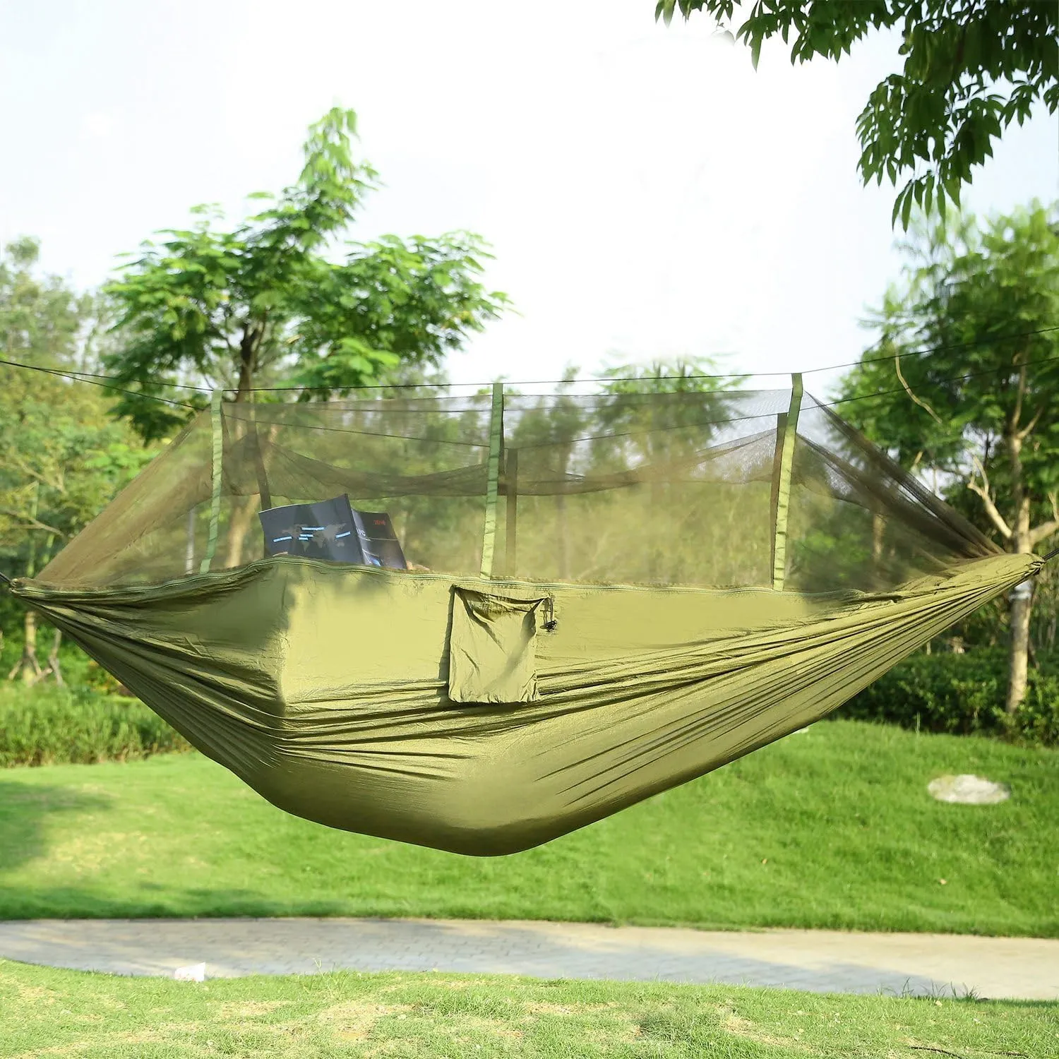 iMounTEK Camping Hammock for 2 Persons with Mosquito Net for Bed Outdoor 600Lbs Load Hiking & Hanging Hammock Kit Portable Nylon Swing Hanging Bed, Patio, Camping, Outdoor & Travel/Green