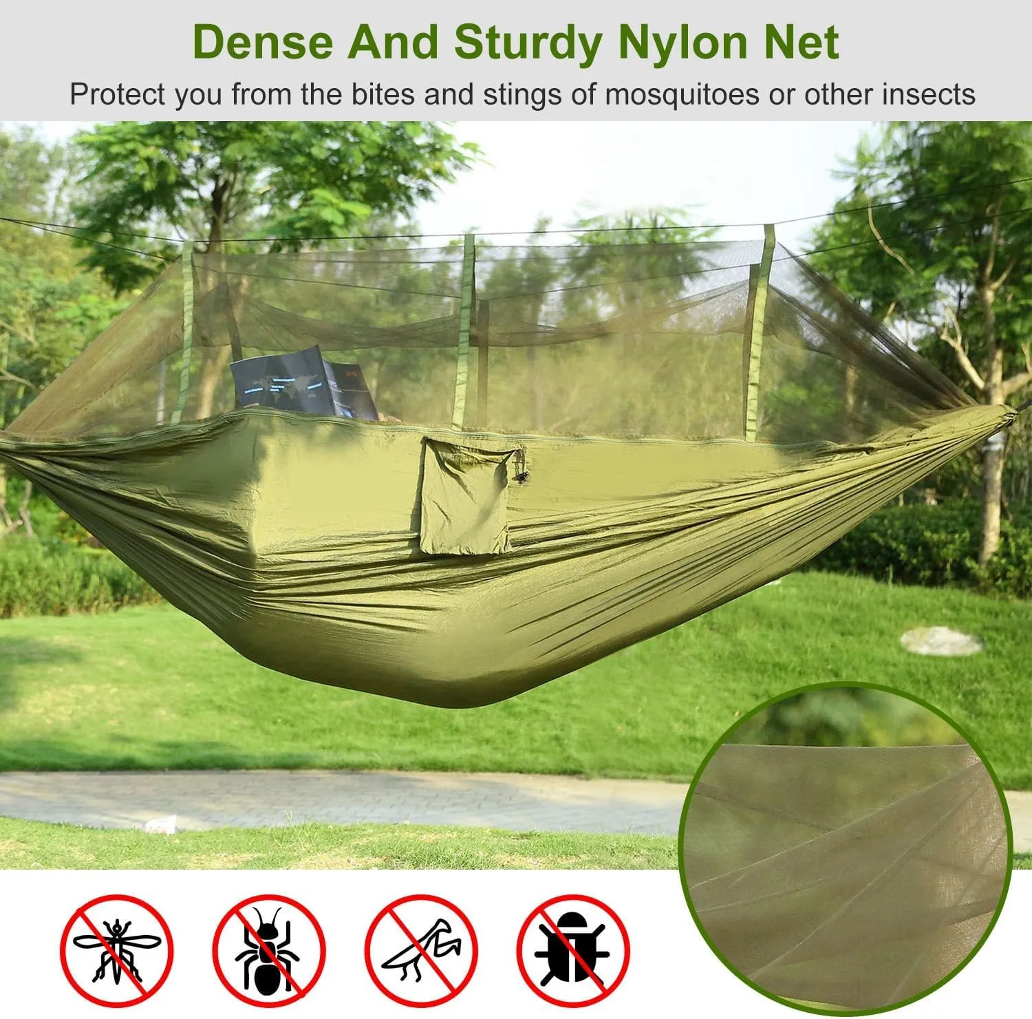 iMounTEK Camping Hammock for 2 Persons with Mosquito Net for Bed Outdoor 600Lbs Load Hiking & Hanging Hammock Kit Portable Nylon Swing Hanging Bed, Patio, Camping, Outdoor & Travel/Green