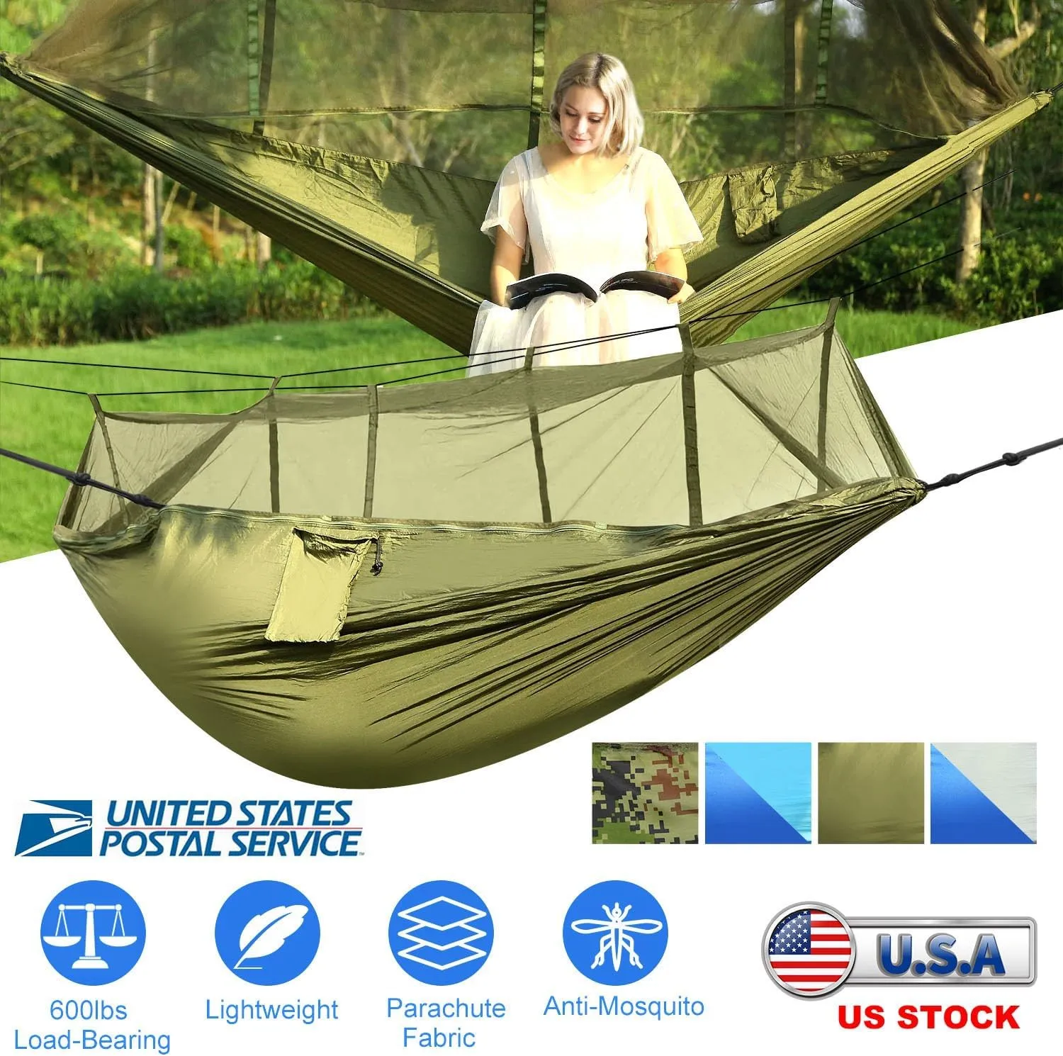 iMounTEK Camping Hammock for 2 Persons with Mosquito Net for Bed Outdoor 600Lbs Load Hiking & Hanging Hammock Kit Portable Nylon Swing Hanging Bed, Patio, Camping, Outdoor & Travel/Green