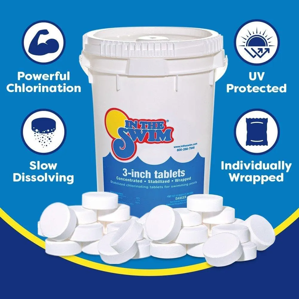 In The Swim Chlorine and Shock Bundle for Sanitizing Swimming Pools – Includes 50 Pound Bucket of 3 Inch Stabilized Chlorine Tablets and 24 x 1 Pound Bags of 68% Cal-Hypo Pool Shock