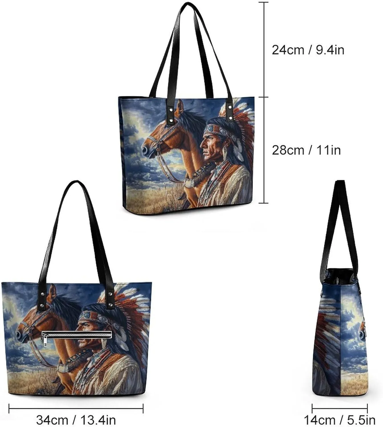 Indian Men And Horse Women Soft Leather Handbags Tote Purses Shoulder Bucket Bags