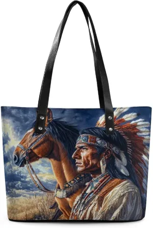 Indian Men And Horse Women Soft Leather Handbags Tote Purses Shoulder Bucket Bags