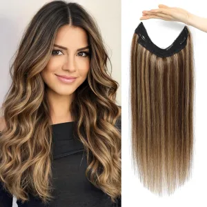 Invisible wire Hair Extensions Real Human Hair with Transparent Wire Adjustable Size Removable Secure Clips in Straight Secret Hairpiece for Women (16 Inch, Chocolate Brown/Caramel Blonde)