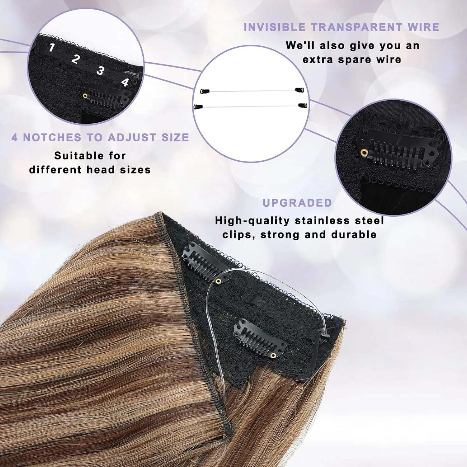 Invisible wire Hair Extensions Real Human Hair with Transparent Wire Adjustable Size Removable Secure Clips in Straight Secret Hairpiece for Women (16 Inch, Chocolate Brown/Caramel Blonde)
