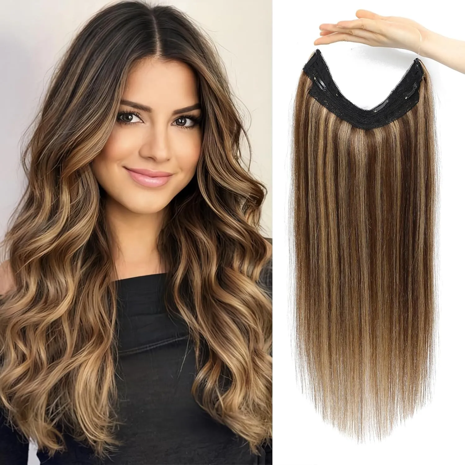 Invisible wire Hair Extensions Real Human Hair with Transparent Wire Adjustable Size Removable Secure Clips in Straight Secret Hairpiece for Women (16 Inch, Chocolate Brown/Caramel Blonde)