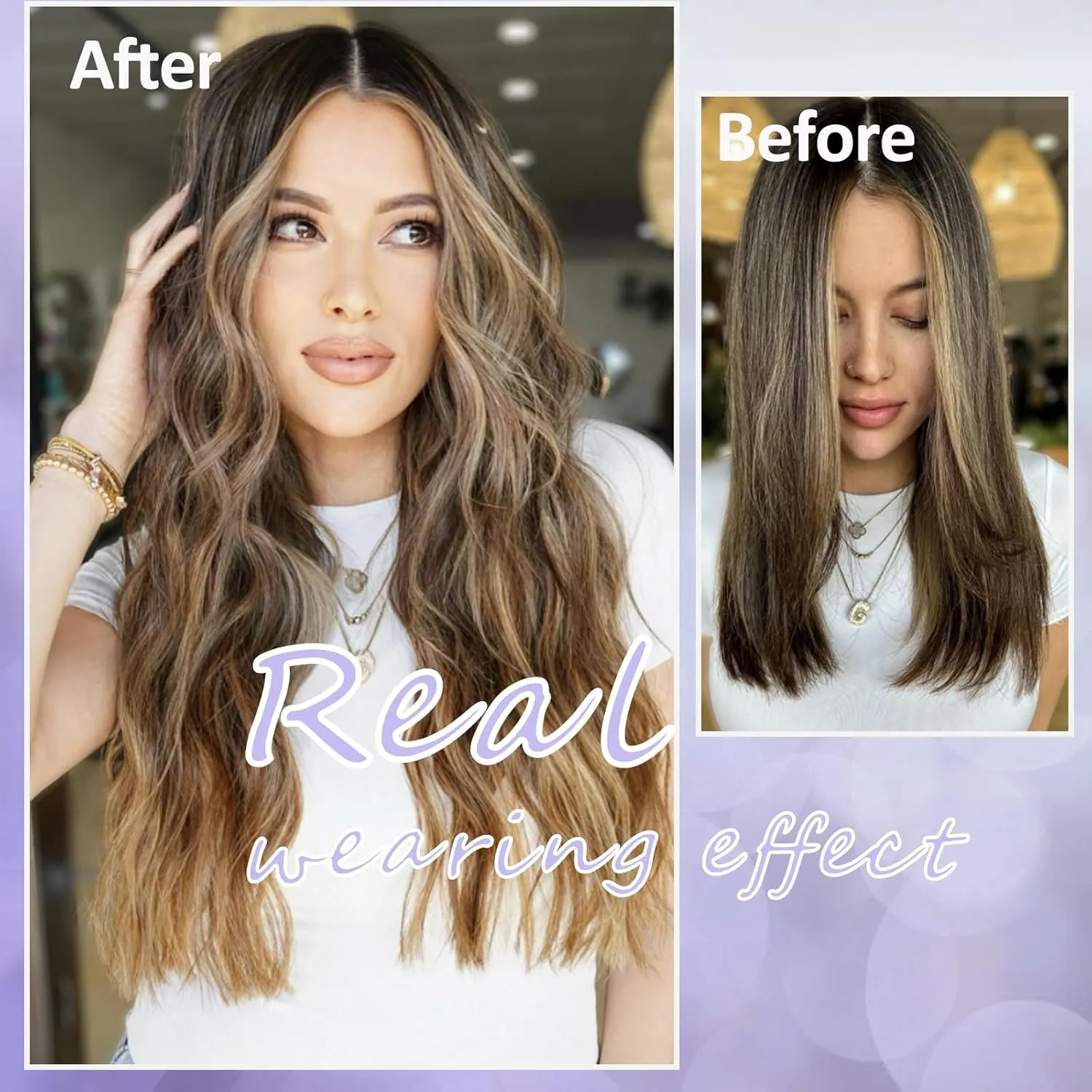 Invisible wire Hair Extensions Real Human Hair with Transparent Wire Adjustable Size Removable Secure Clips in Straight Secret Hairpiece for Women (16 Inch, Chocolate Brown/Caramel Blonde)
