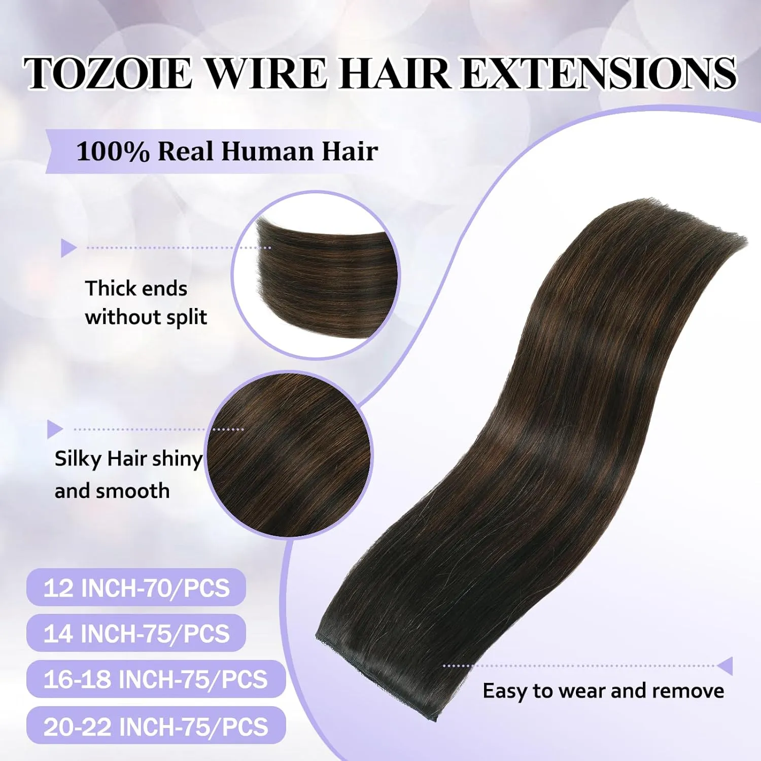 Invisible wire Hair Extensions Real Human Hair with Transparent Wire Adjustable Size Removable Secure Clips in Straight Secret Hairpiece for Women (18 Inch,1BT4P1B)