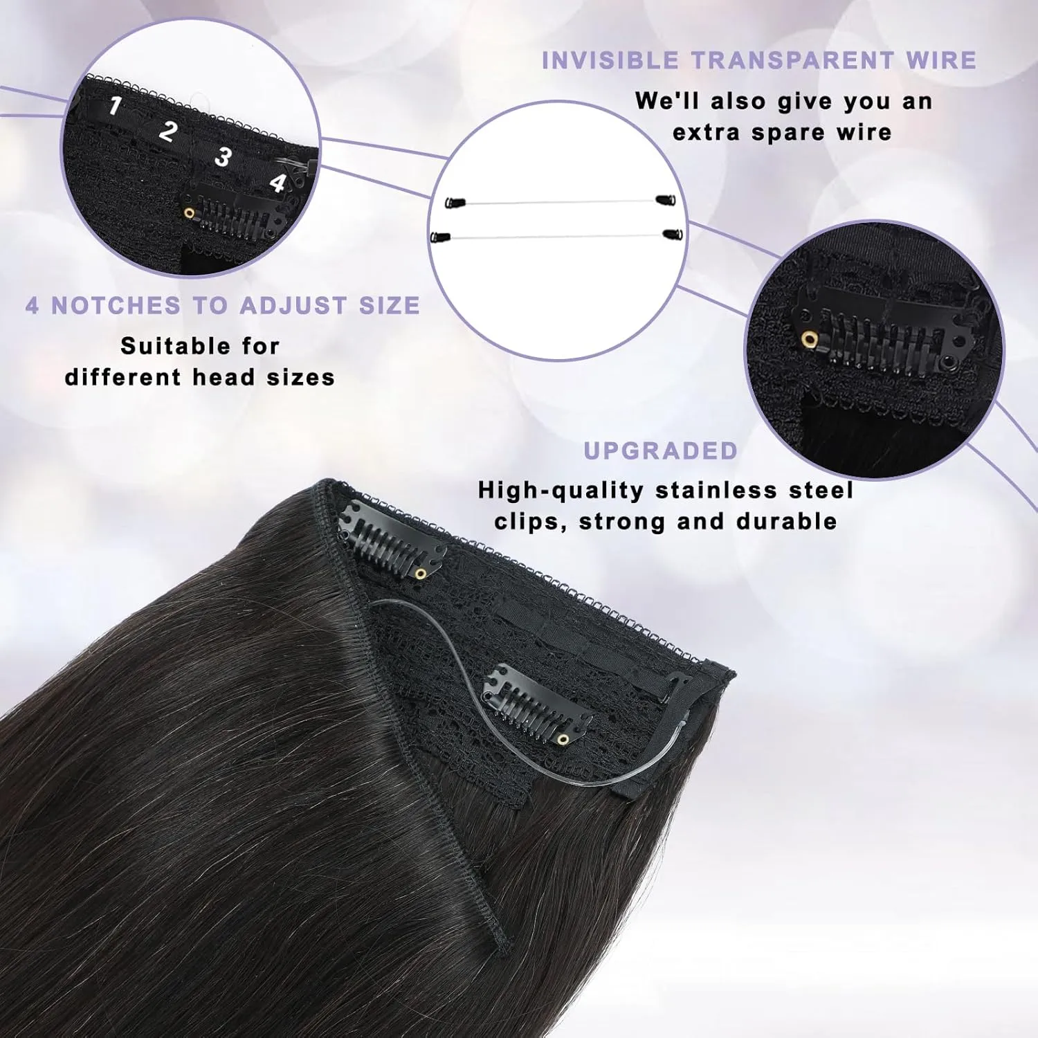 Invisible wire Hair Extensions Real Human Hair with Transparent Wire Adjustable Size Removable Secure Clips in Straight Secret Hairpiece for Women (18 Inch,1BT4P1B)