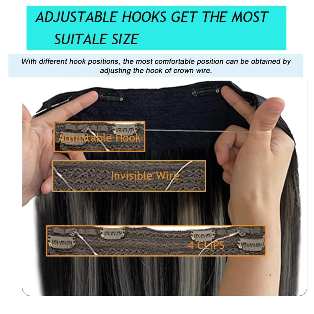 Invisible Wire Hair Extensions with Transparent Wire Adjustable Size 4 Secure Clips Halo Wire Hair Extensions,16Inch 80g Ombre Highlighted Natural Black to Grey Mixted Clip in Hair Extension