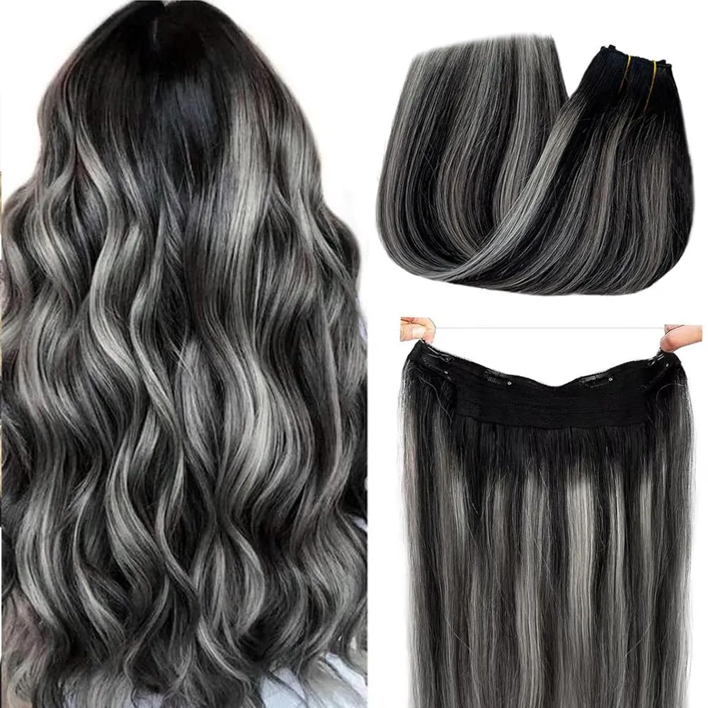 Invisible Wire Hair Extensions with Transparent Wire Adjustable Size 4 Secure Clips Halo Wire Hair Extensions,16Inch 80g Ombre Highlighted Natural Black to Grey Mixted Clip in Hair Extension