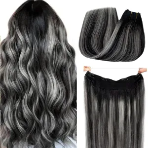 Invisible Wire Hair Extensions with Transparent Wire Adjustable Size 4 Secure Clips Halo Wire Hair Extensions,16Inch 80g Ombre Highlighted Natural Black to Grey Mixted Clip in Hair Extension