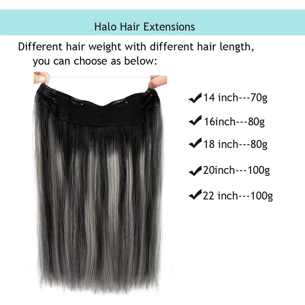 Invisible Wire Hair Extensions with Transparent Wire Adjustable Size 4 Secure Clips Halo Wire Hair Extensions,16Inch 80g Ombre Highlighted Natural Black to Grey Mixted Clip in Hair Extension