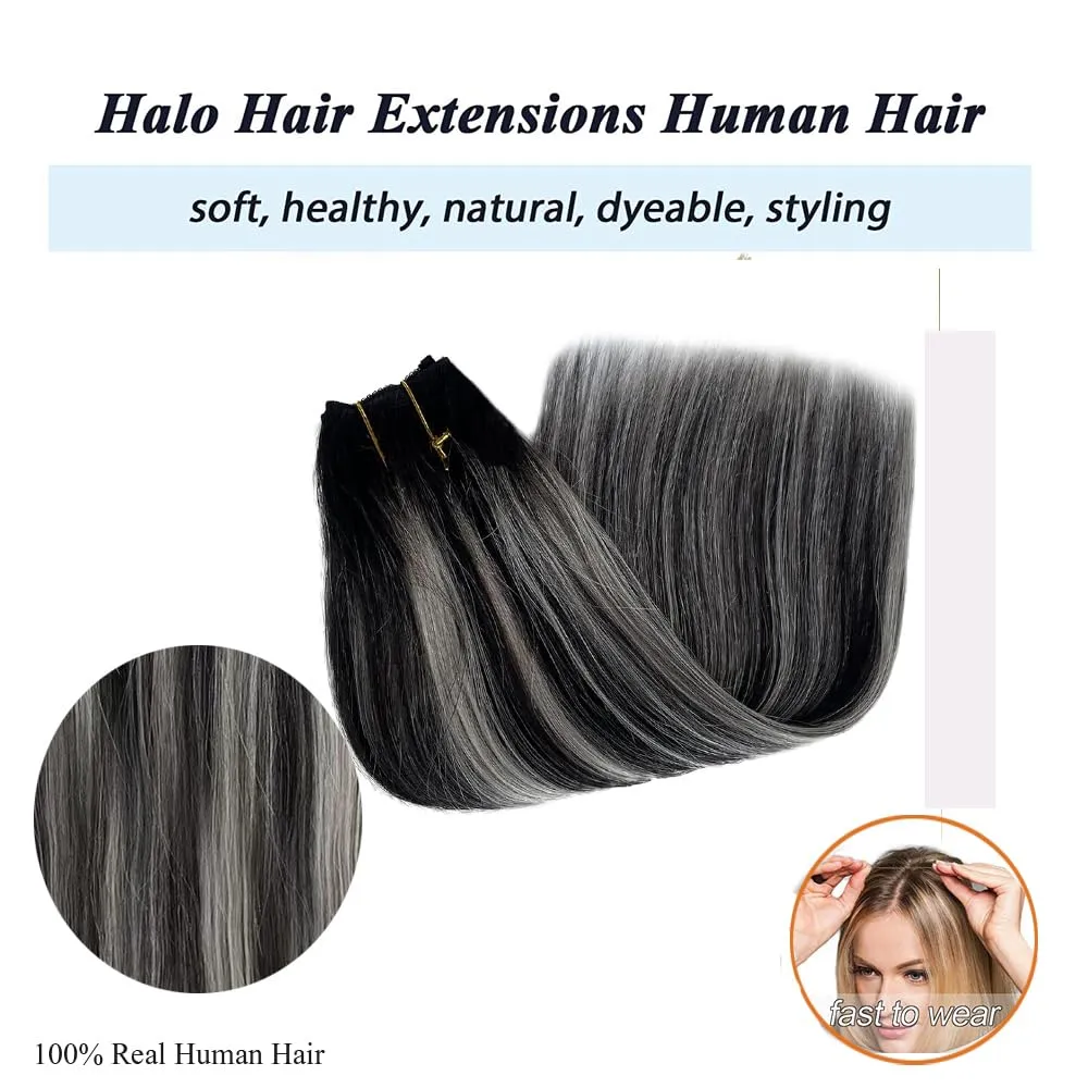 Invisible Wire Hair Extensions with Transparent Wire Adjustable Size 4 Secure Clips Halo Wire Hair Extensions,16Inch 80g Ombre Highlighted Natural Black to Grey Mixted Clip in Hair Extension