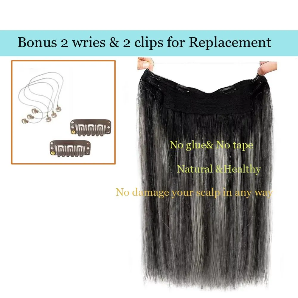 Invisible Wire Hair Extensions with Transparent Wire Adjustable Size 4 Secure Clips Halo Wire Human Hair Extensions,14Inch 70g Ombre Highlighted Natural Black to Grey Mixted Clip in Hair Extension