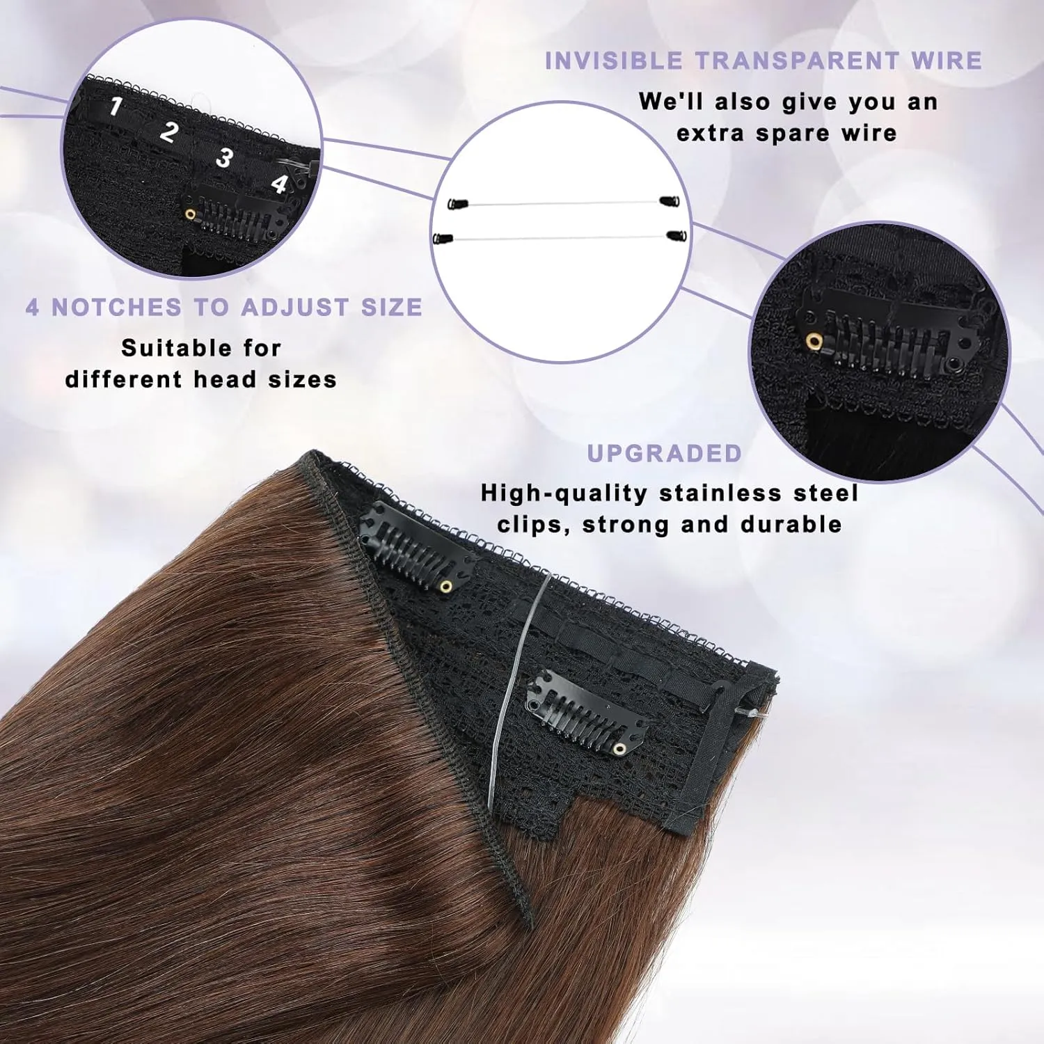 Invisible Wire Hair Extensions with Transparent Wire Adjustable Size Removable Secure Clips in Straight Secret Hairpiece for Women（90g,20Inch Chocolate Brown）