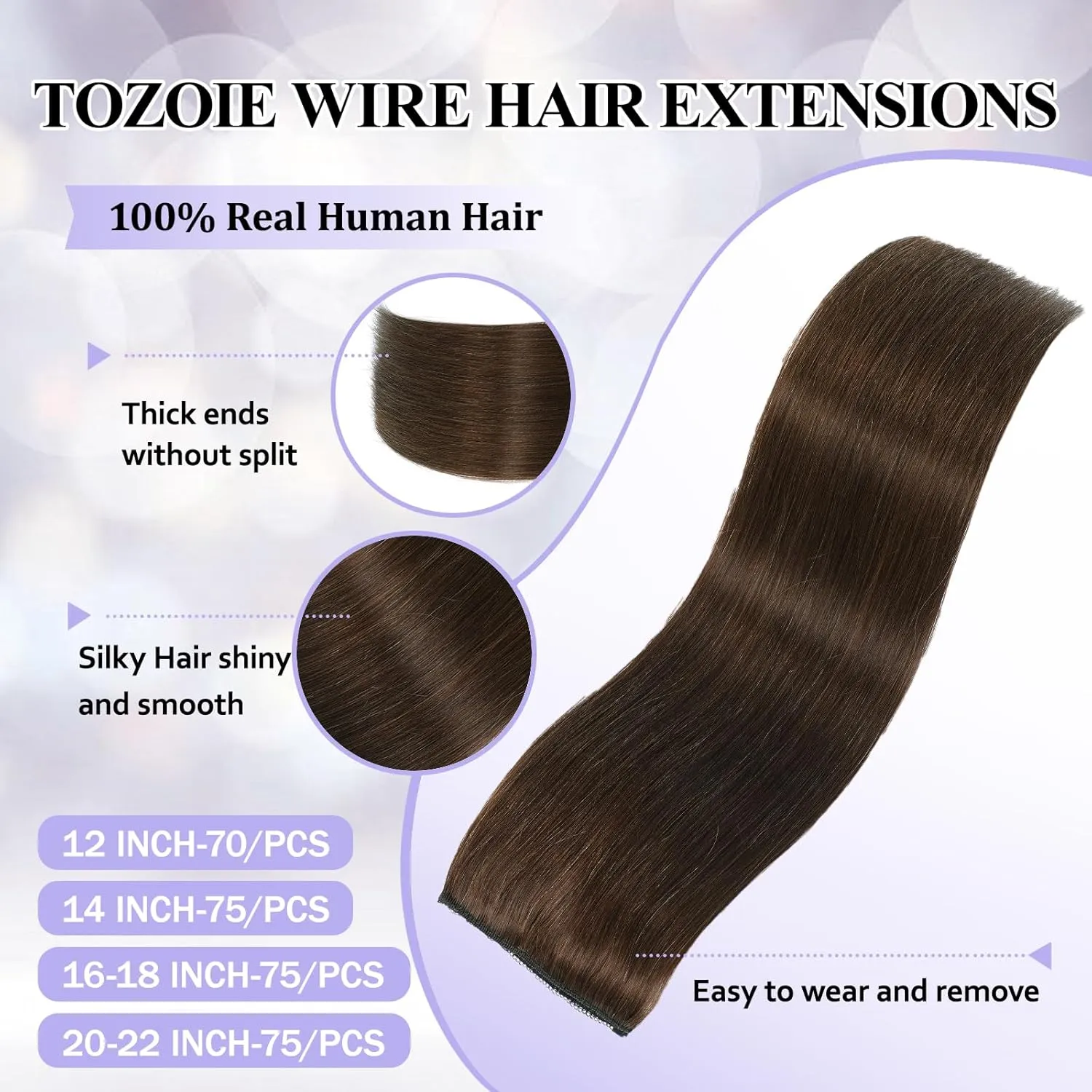 Invisible Wire Hair Extensions with Transparent Wire Adjustable Size Removable Secure Clips in Straight Secret Hairpiece for Women（90g,20Inch Chocolate Brown）