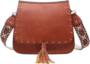 JEN & CO. Bailey Crossbody Bag in Rust - Vegan Leather Bag Purse with Animal Print Guitar Strap, Cross Body Bags for Women