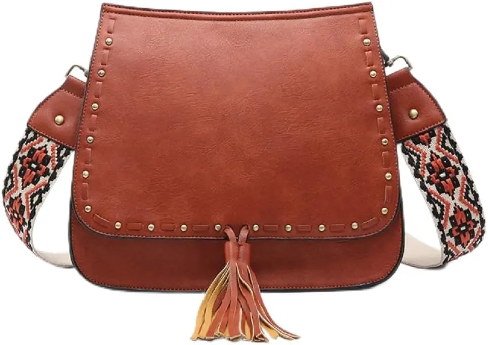 JEN & CO. Bailey Crossbody Bag in Rust - Vegan Leather Bag Purse with Animal Print Guitar Strap, Cross Body Bags for Women