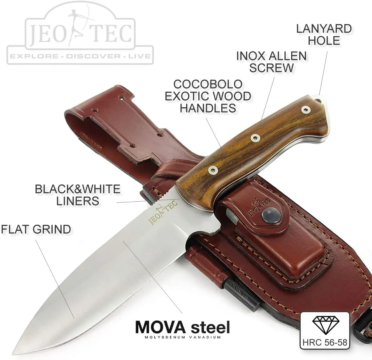 JEO-TEC Nº39 Full Tang Knife for Bushcraft Survival Hunting Fishing Camping, Fixed Blade 11" MOVA Steel, Sheath and Fire Starter - Handmade