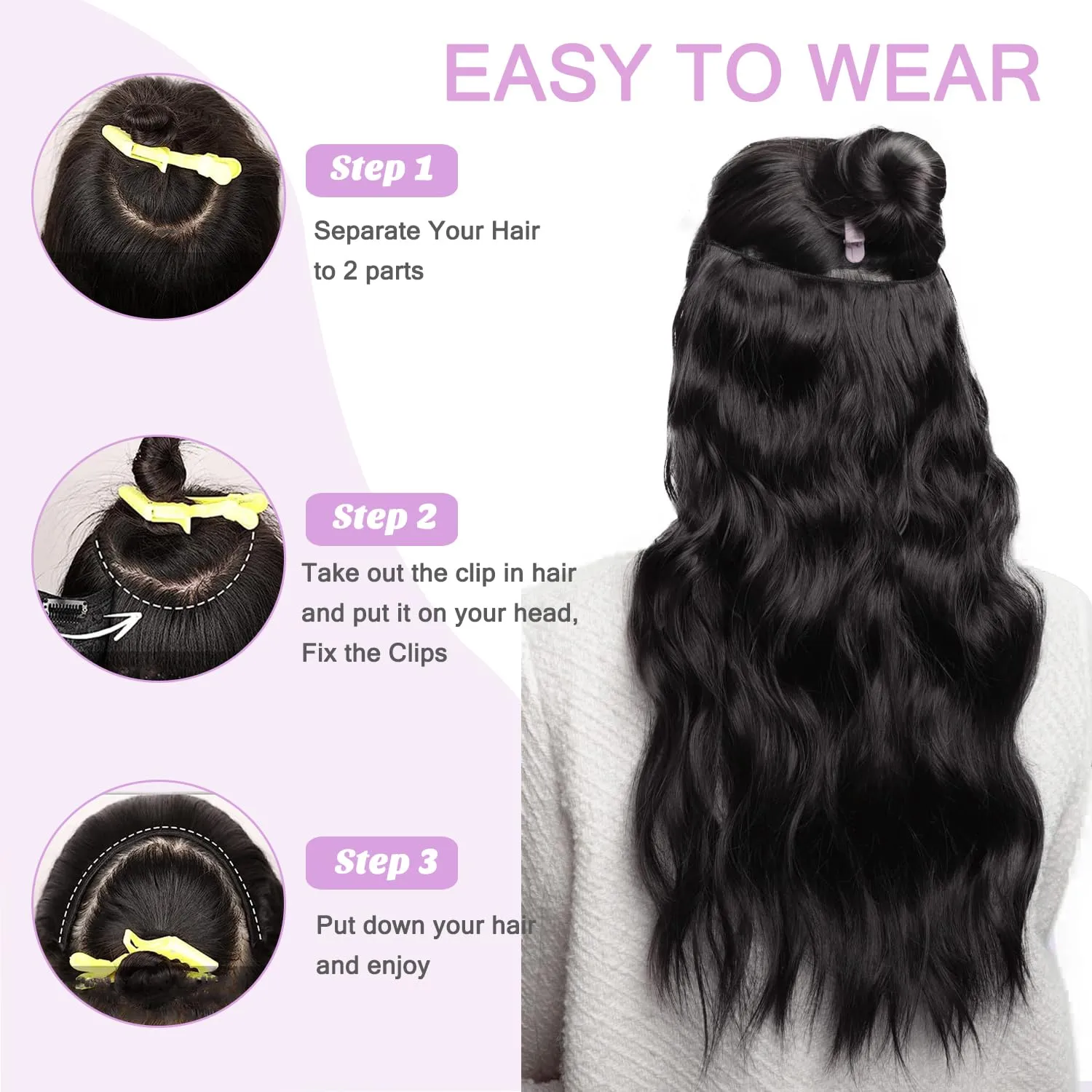 Jet Black One Piece Clip-In Hair Extension - 20 Inch V Shape Hairpiece With 5 Secure Clips, Silky Straight PU Weft for Women