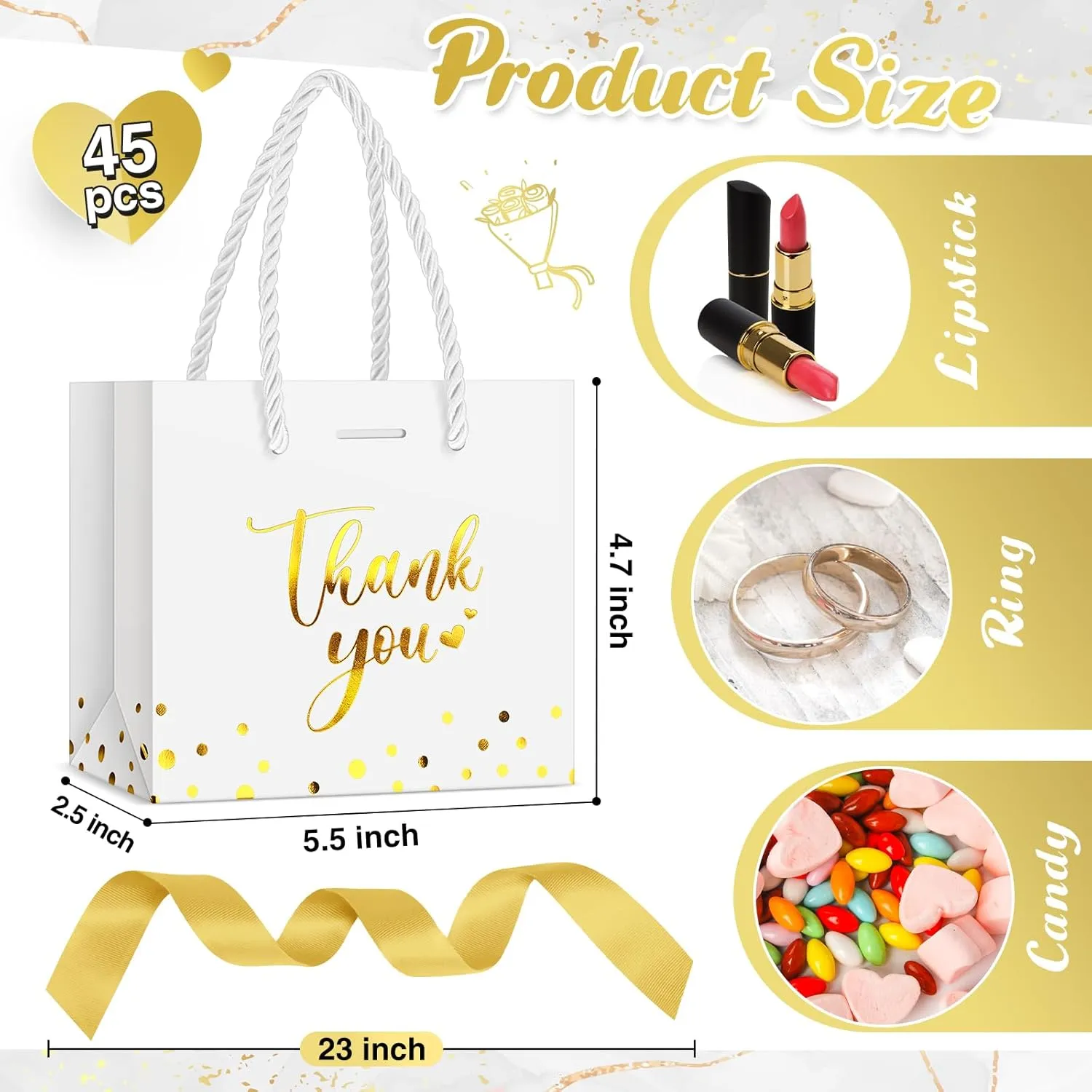 Jetec 45 Pcs Mini Paper Gift Bag Bulk 5.5 x 4.7 x 2.5'' Small Thank You Favor Bag with Handle Bow Ribbon for Valentine‘s Day Wedding Baby Bridal Shower Birthday Party(White/gold)
