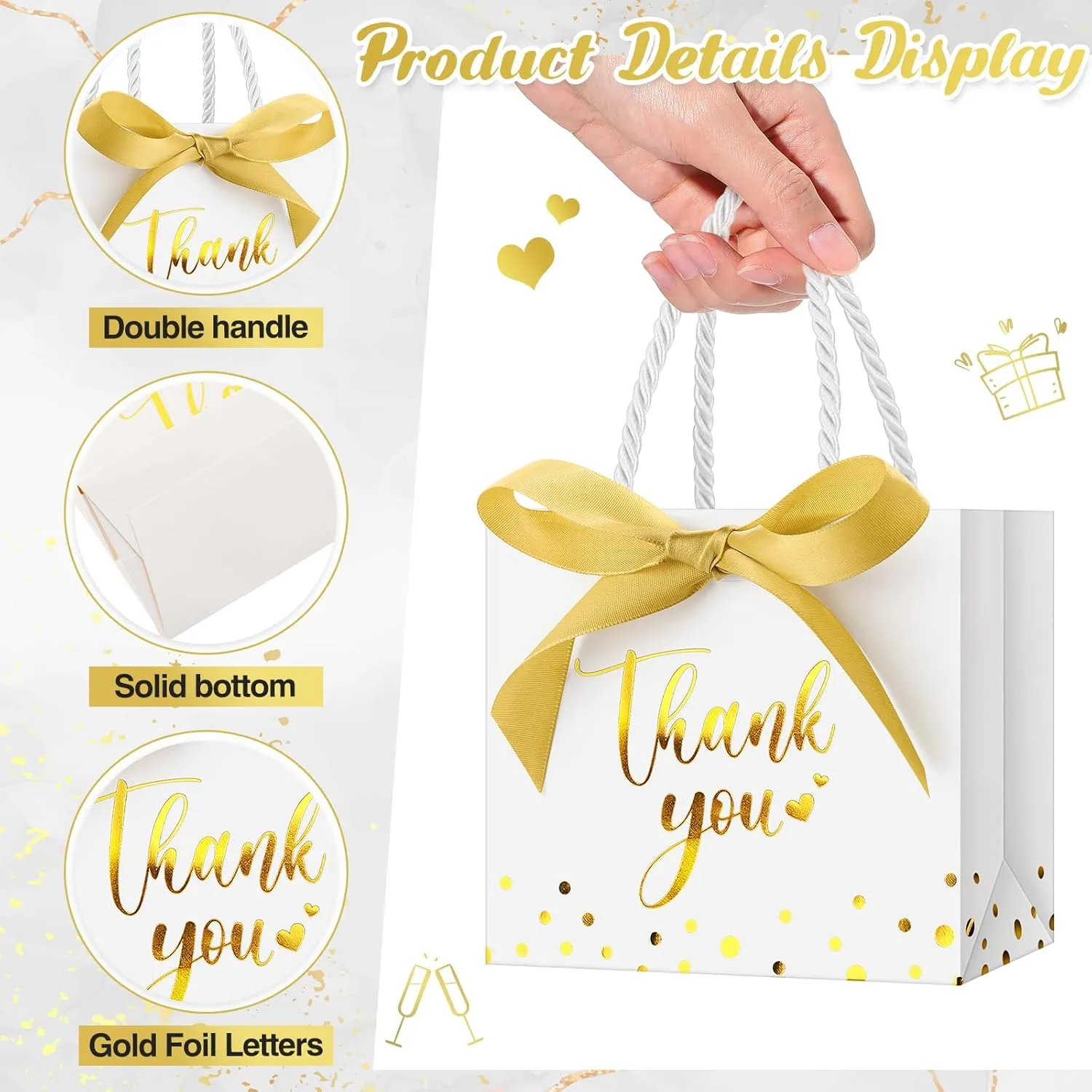 Jetec 45 Pcs Mini Paper Gift Bag Bulk 5.5 x 4.7 x 2.5'' Small Thank You Favor Bag with Handle Bow Ribbon for Valentine‘s Day Wedding Baby Bridal Shower Birthday Party(White/gold)
