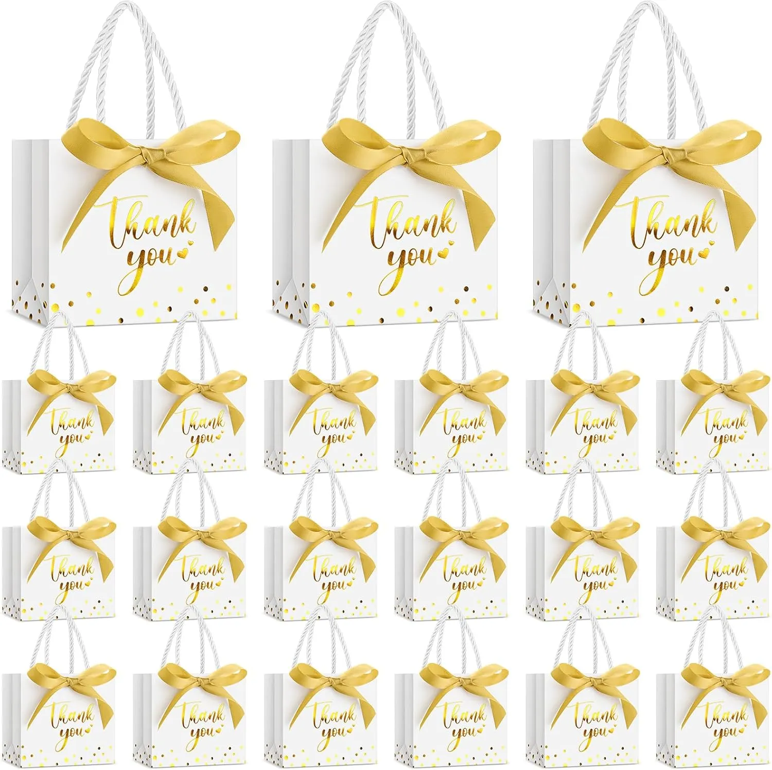 Jetec 45 Pcs Mini Paper Gift Bag Bulk 5.5 x 4.7 x 2.5'' Small Thank You Favor Bag with Handle Bow Ribbon for Valentine‘s Day Wedding Baby Bridal Shower Birthday Party(White/gold)