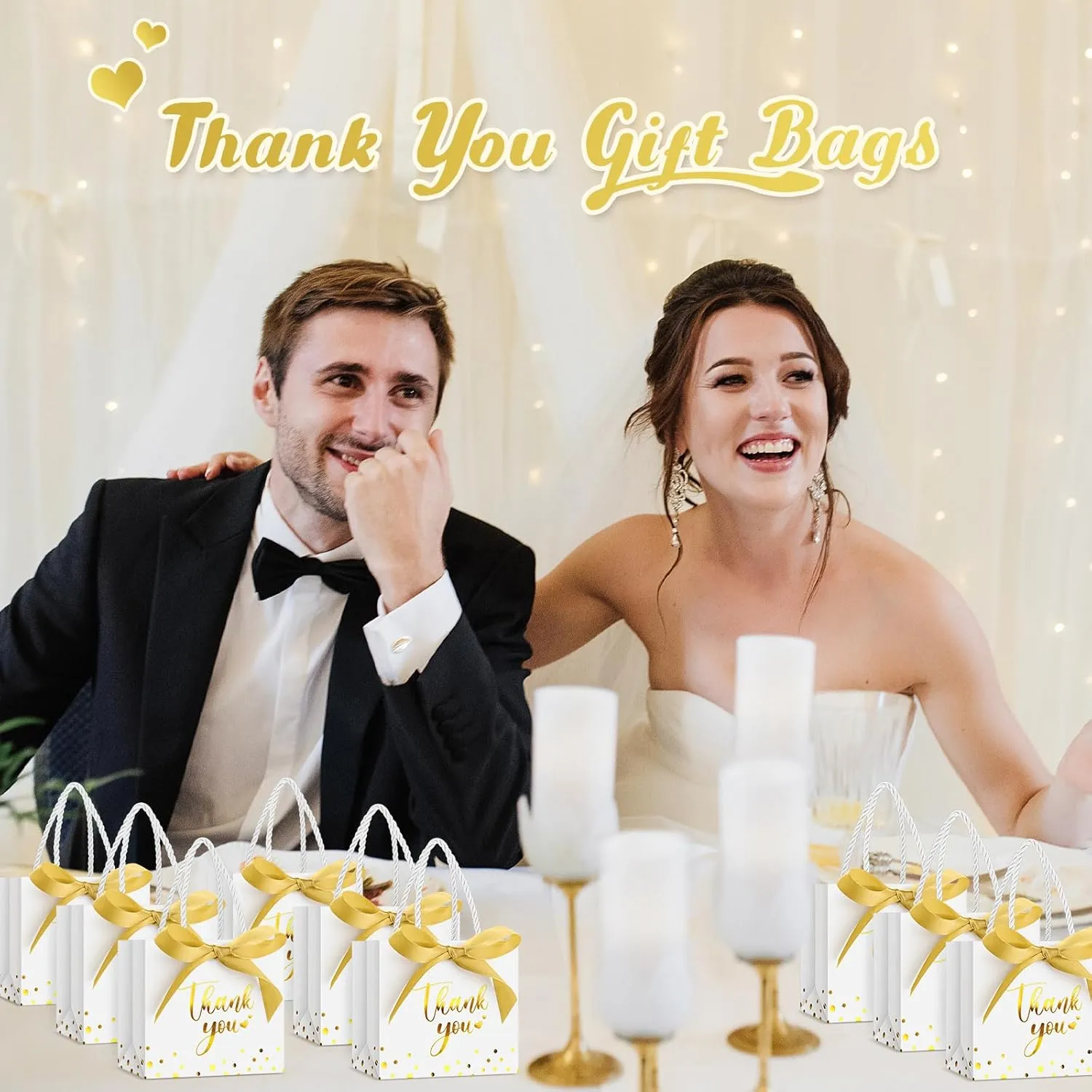 Jetec 45 Pcs Mini Paper Gift Bag Bulk 5.5 x 4.7 x 2.5'' Small Thank You Favor Bag with Handle Bow Ribbon for Valentine‘s Day Wedding Baby Bridal Shower Birthday Party(White/gold)