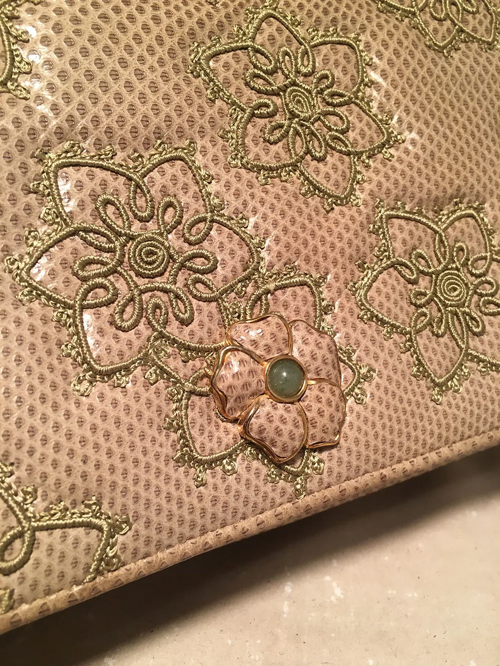 Judith Leiber Vintage Beige Lizard Floral Embroidered Tassel Clutch