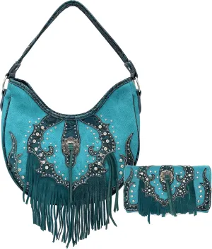 Justin West Floral Embroidery Rhinestone Turquoise Concho Buckle Leather Fringe Shoulder Concealed Carry Handbag Purse Wallet