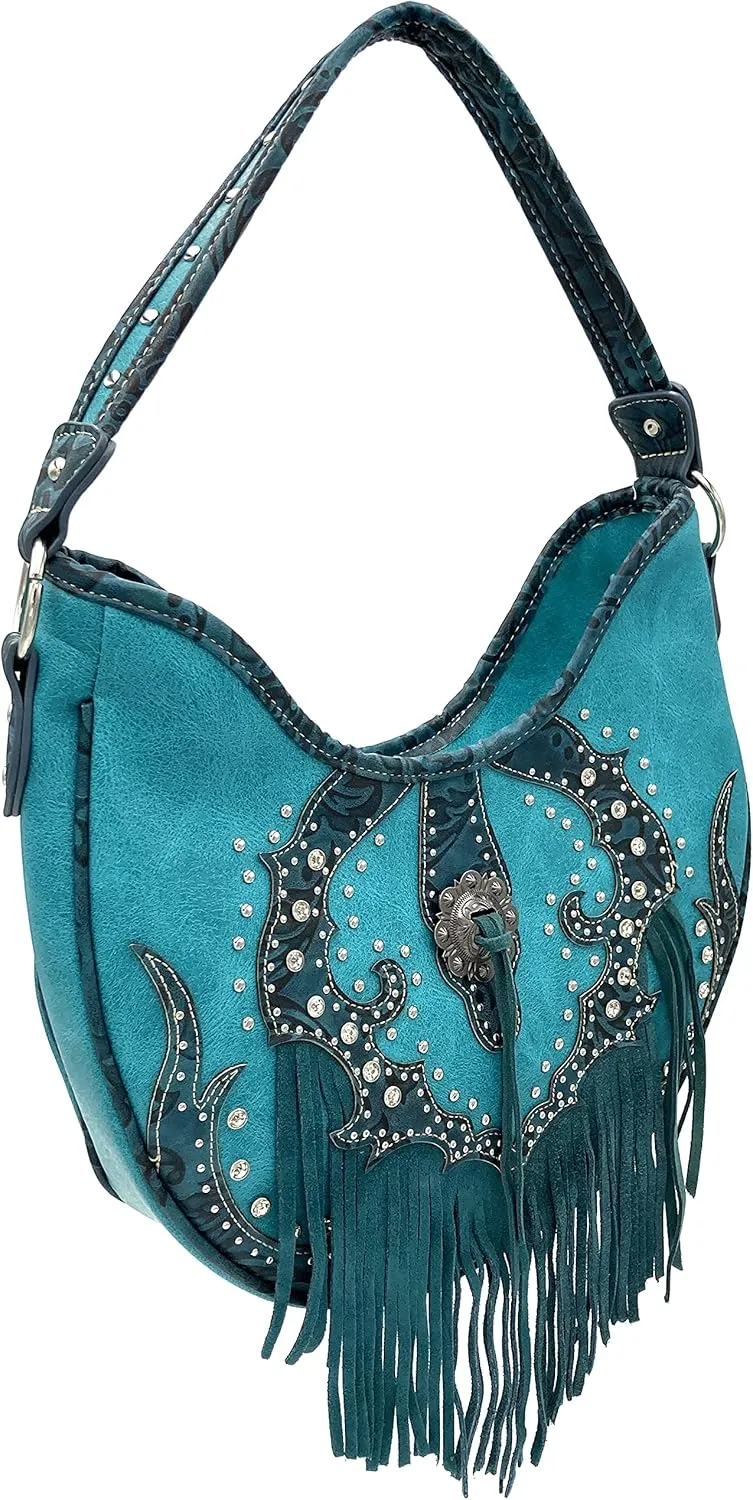 Justin West Floral Embroidery Rhinestone Turquoise Concho Buckle Leather Fringe Shoulder Concealed Carry Handbag Purse Wallet