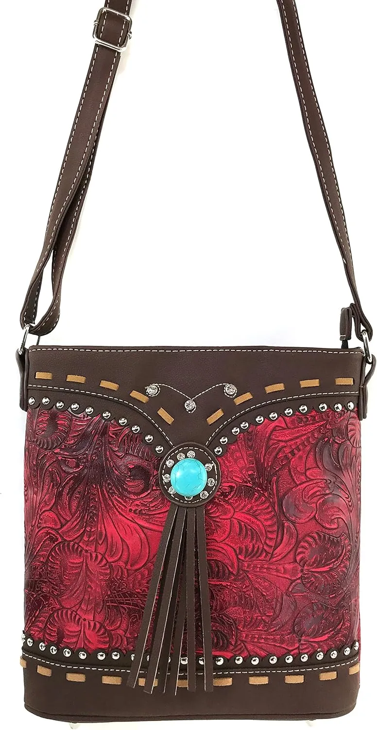 Justin West Tooled Western Leather Turquoise Stone Fringe Studded Shoulder Concealed Carry Handbag Purse