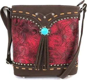 Justin West Tooled Western Leather Turquoise Stone Fringe Studded Shoulder Concealed Carry Handbag Purse