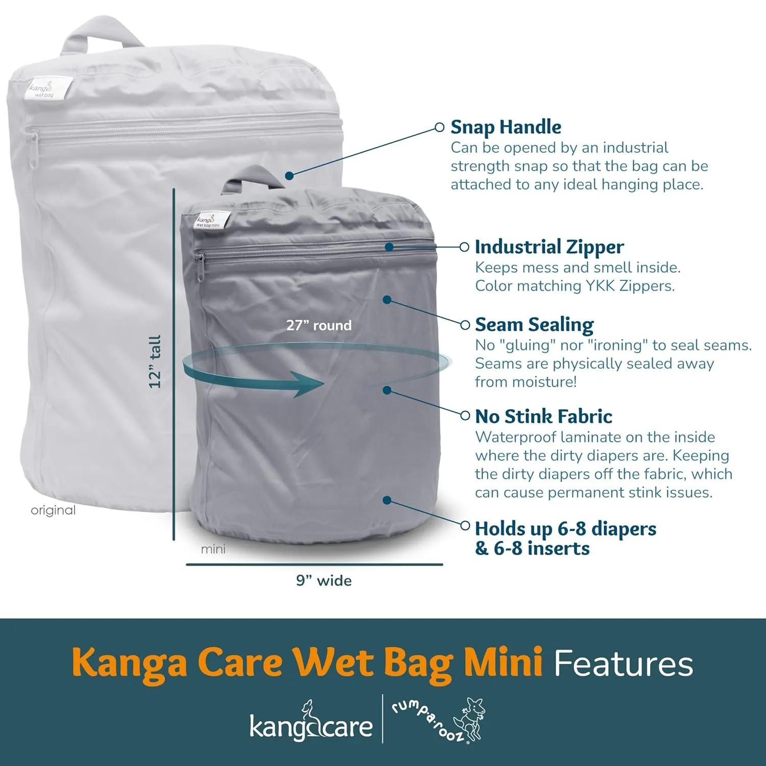 Kanga Care Wet Bag Mini Seam Sealed Waterproof 3D Dimensional for Baby Cloth Diapers, Travel, Beach, Pool, Gym, Swim | Willow