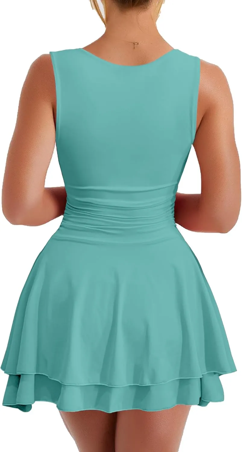 Kaximil Women's Square Neck Ruffle Hem Mini Dress Ruched Waist Short Party Dresses