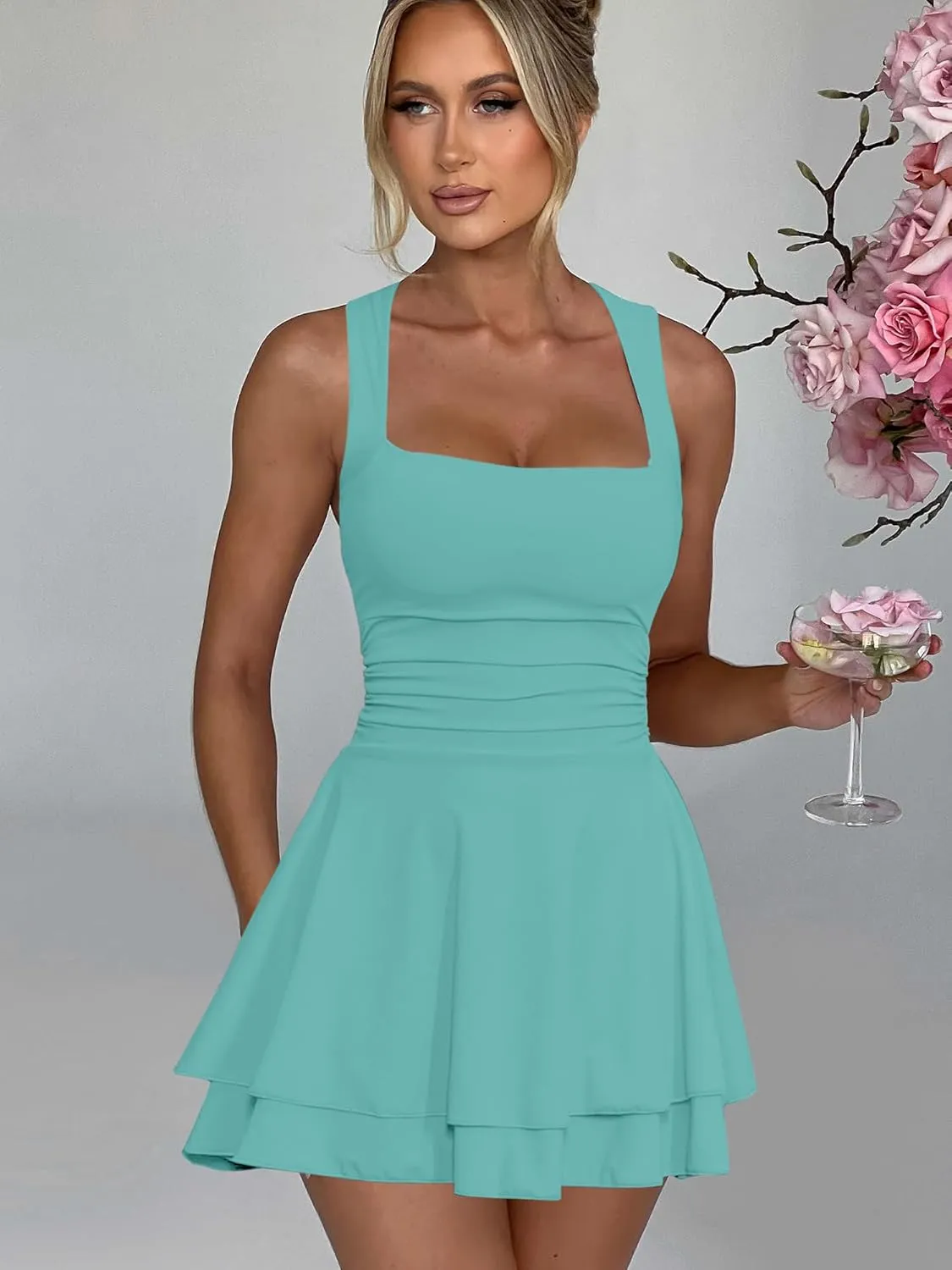 Kaximil Women's Square Neck Ruffle Hem Mini Dress Ruched Waist Short Party Dresses