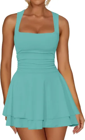 Kaximil Women's Square Neck Ruffle Hem Mini Dress Ruched Waist Short Party Dresses