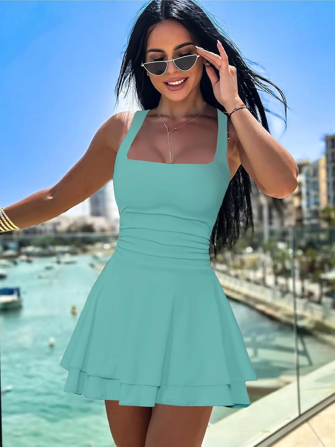 Kaximil Women's Square Neck Ruffle Hem Mini Dress Ruched Waist Short Party Dresses